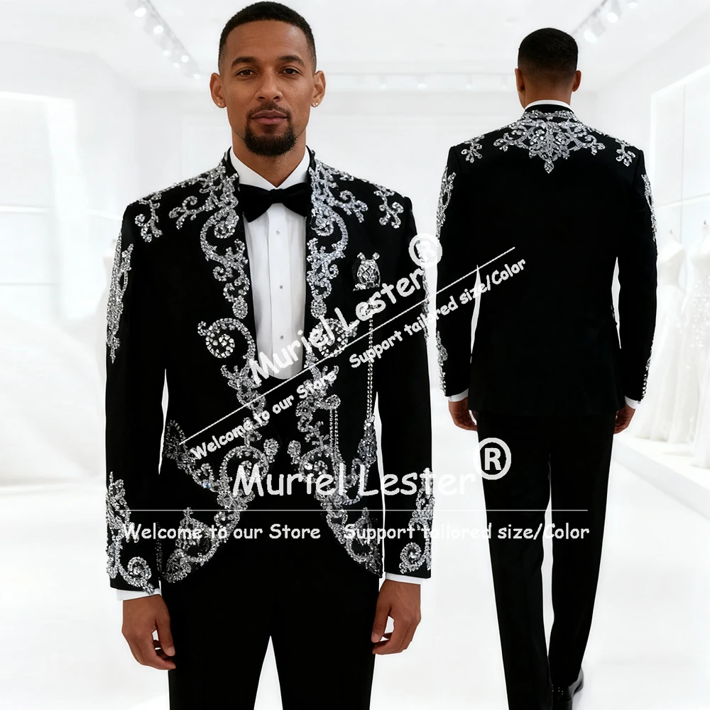 

Sparkly Beaded Crystals Suits Men Slim Fit Single Breasted Groom Wedding Tuxedos Cutomized 3 Piece Set Banquet Costume Homme