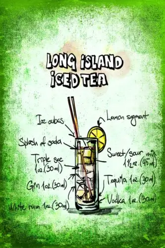 Receta de cóctel de té helado de Long Island en una placa de letrero de metal de estilo retro vintage