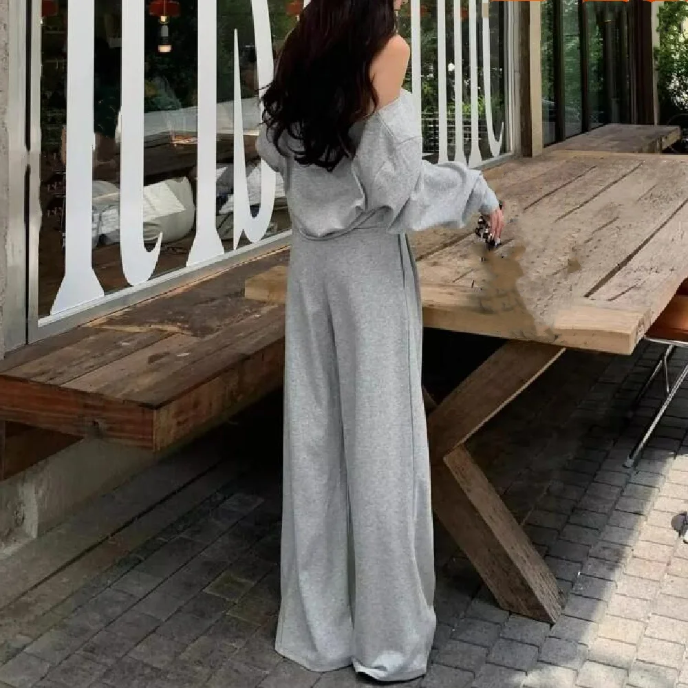 2025 아메리칸 레트로 그레이 크로스 홀터 스웨트셔츠 가을 오버사이즈 풀오버 스웨트 엘라스틱 웨이스트 와이드 레그 팬츠 여성 세트