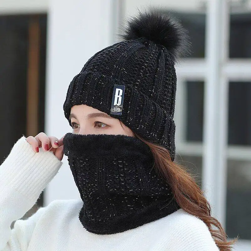 Women Winter Scarf Hat Set Knitted Plush Inside Keep Warm Solid Pompoms Cap Female Beanies And Scarves