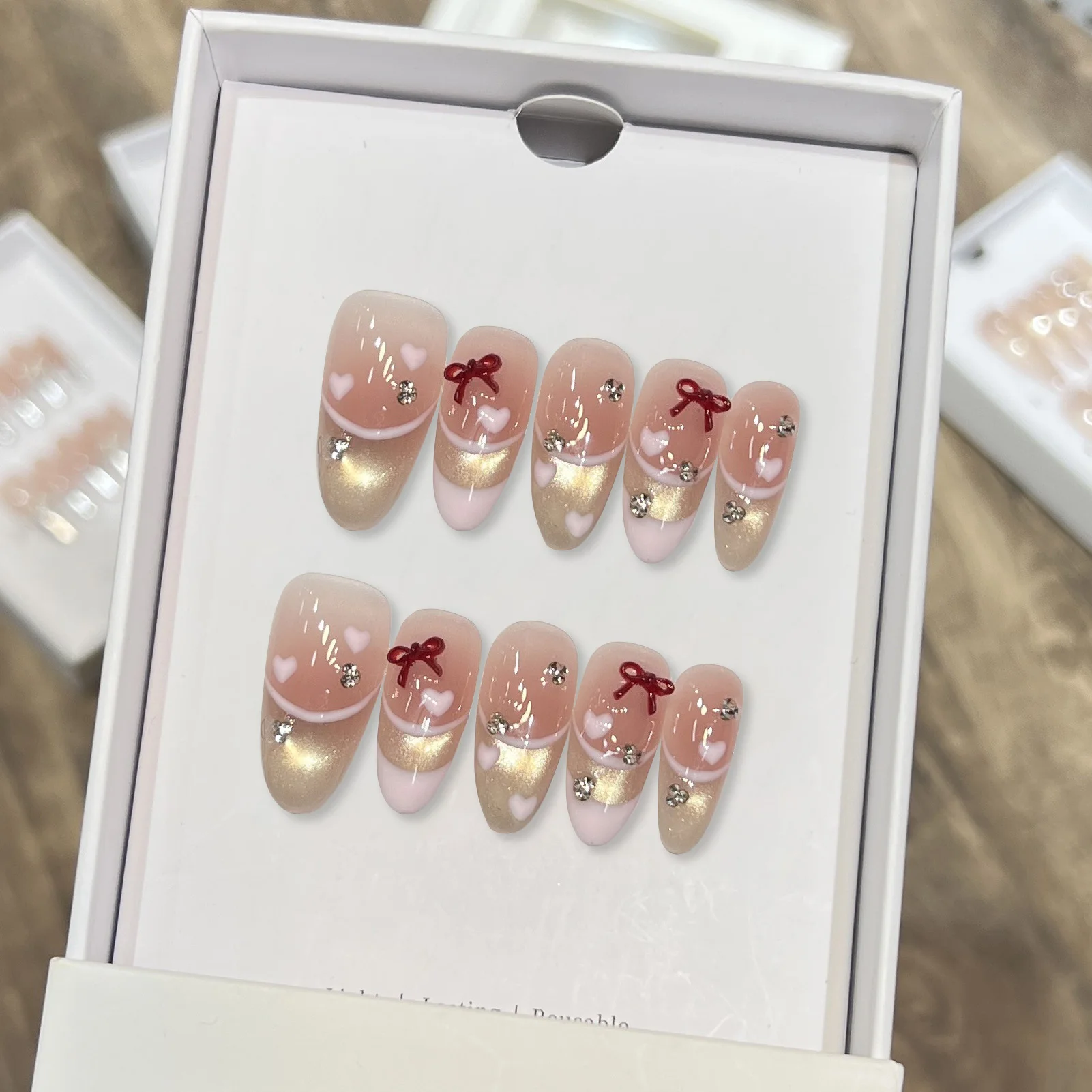 10pcs French Fake Nails Set With Bowknot Rhinestones Pink Heart Designs Cat Eye Gradient Glossy Oval False Nails For Women