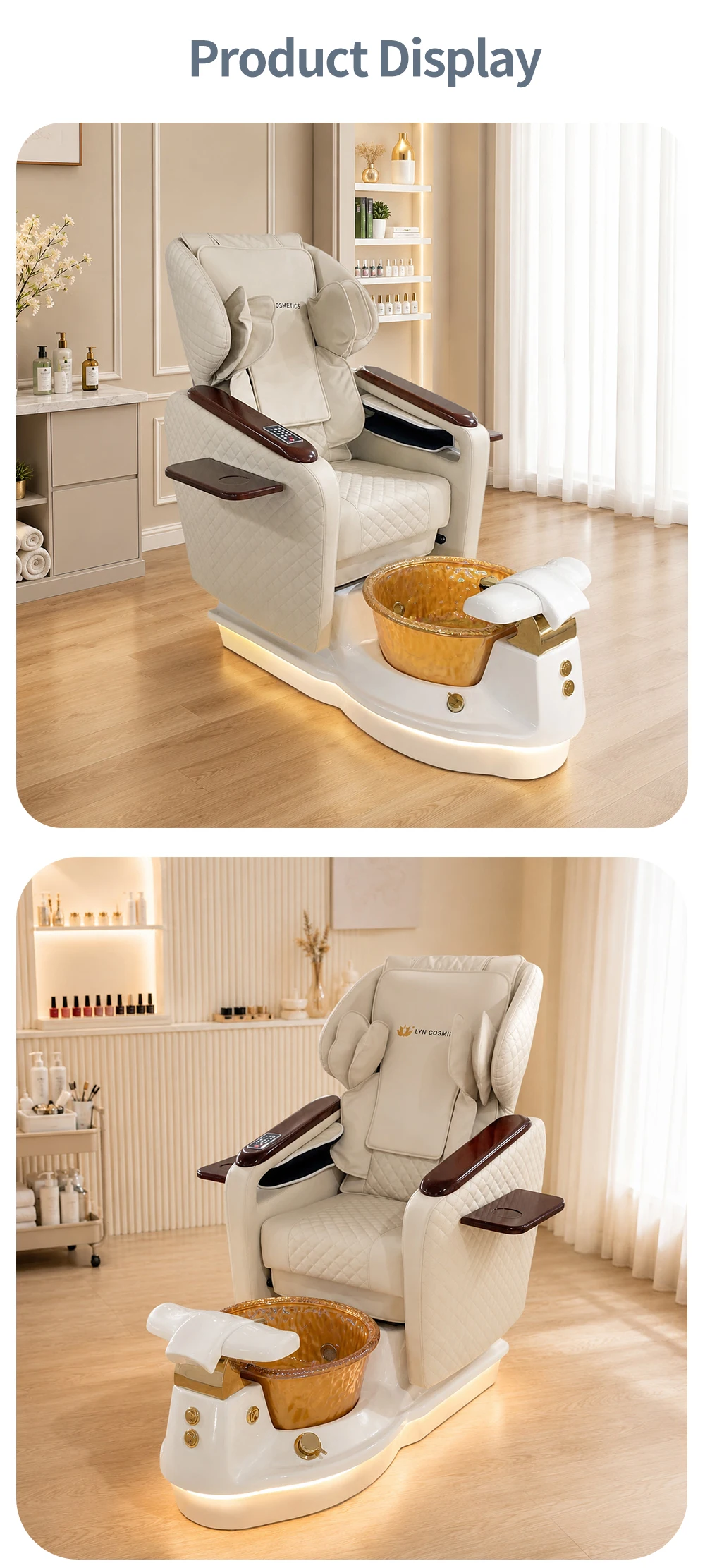 Massage-Pediküre-Spa-Stuhl mit Fußwanne, Holzarmlehne, verstellbarer Maniküre-Fußpflege-Liege, LED-Lichtbasis, Salon-Nagelstudio-Ausstattung – Detail 9