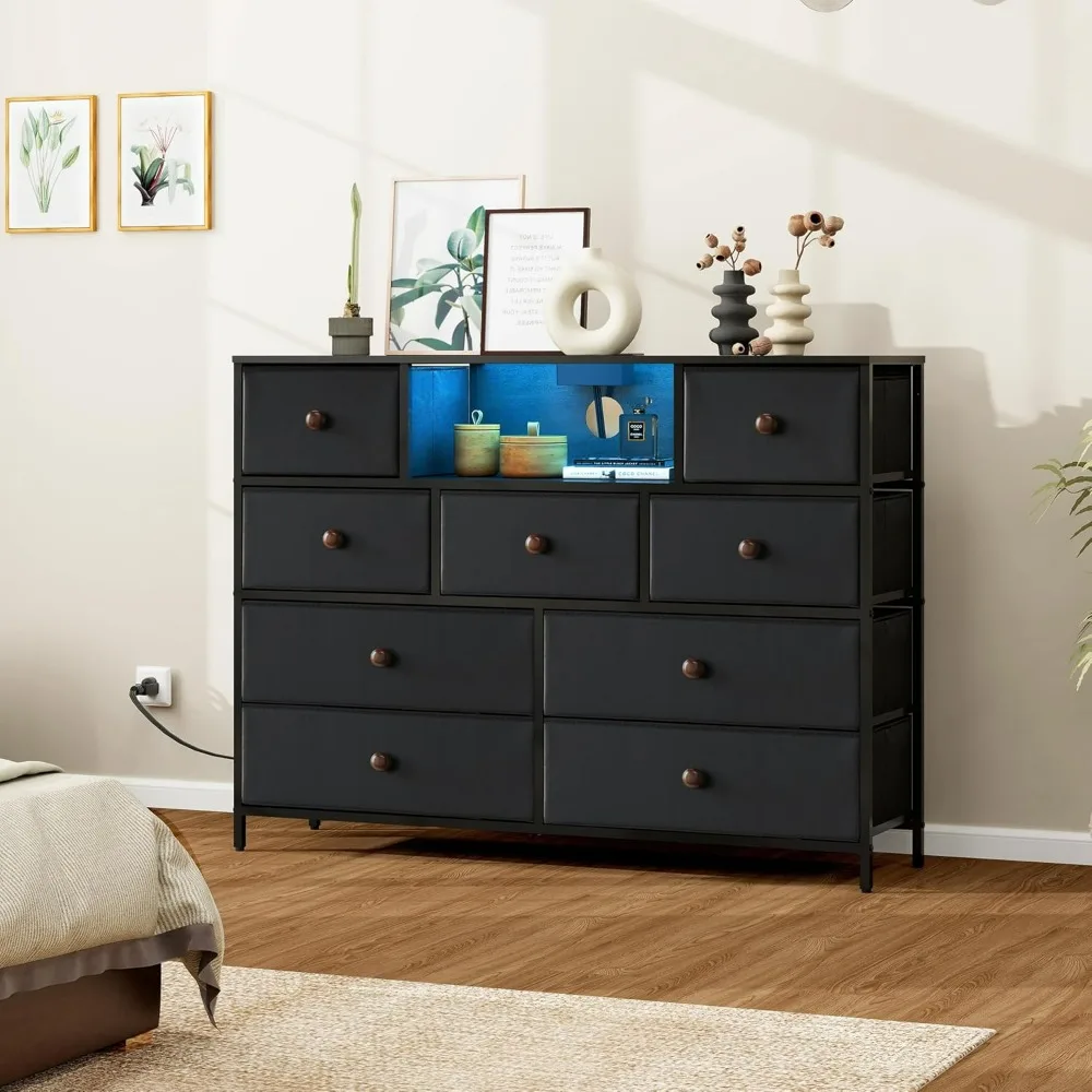 Black Dresser with Charging Station and LED Lights, Dresser for Bedroom with 9 , Wide Chest of Drawers with PU Finish Drawer