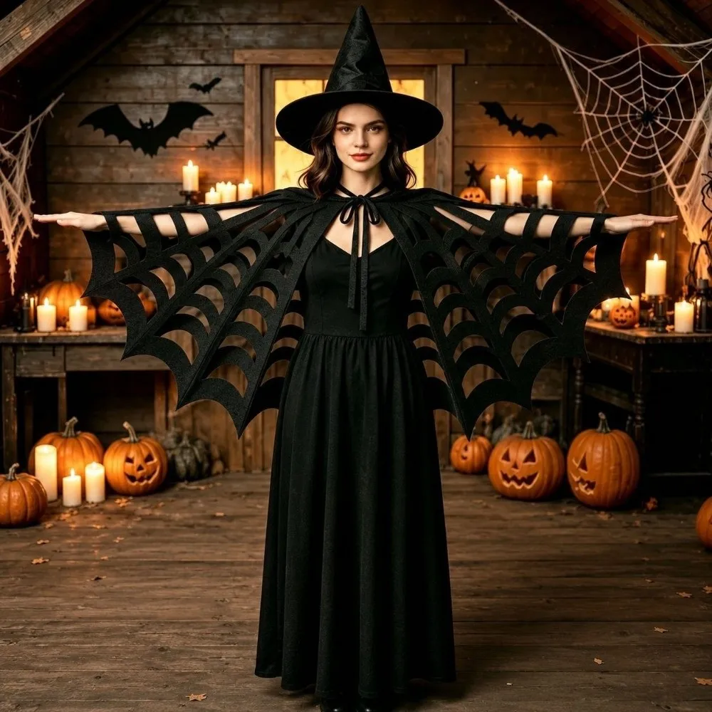 Retro Solid Color Halloween Cape Felt Material Mesh Texture Cosplay Cloak Adult Size Hollow Out Costume Cape Dress Up