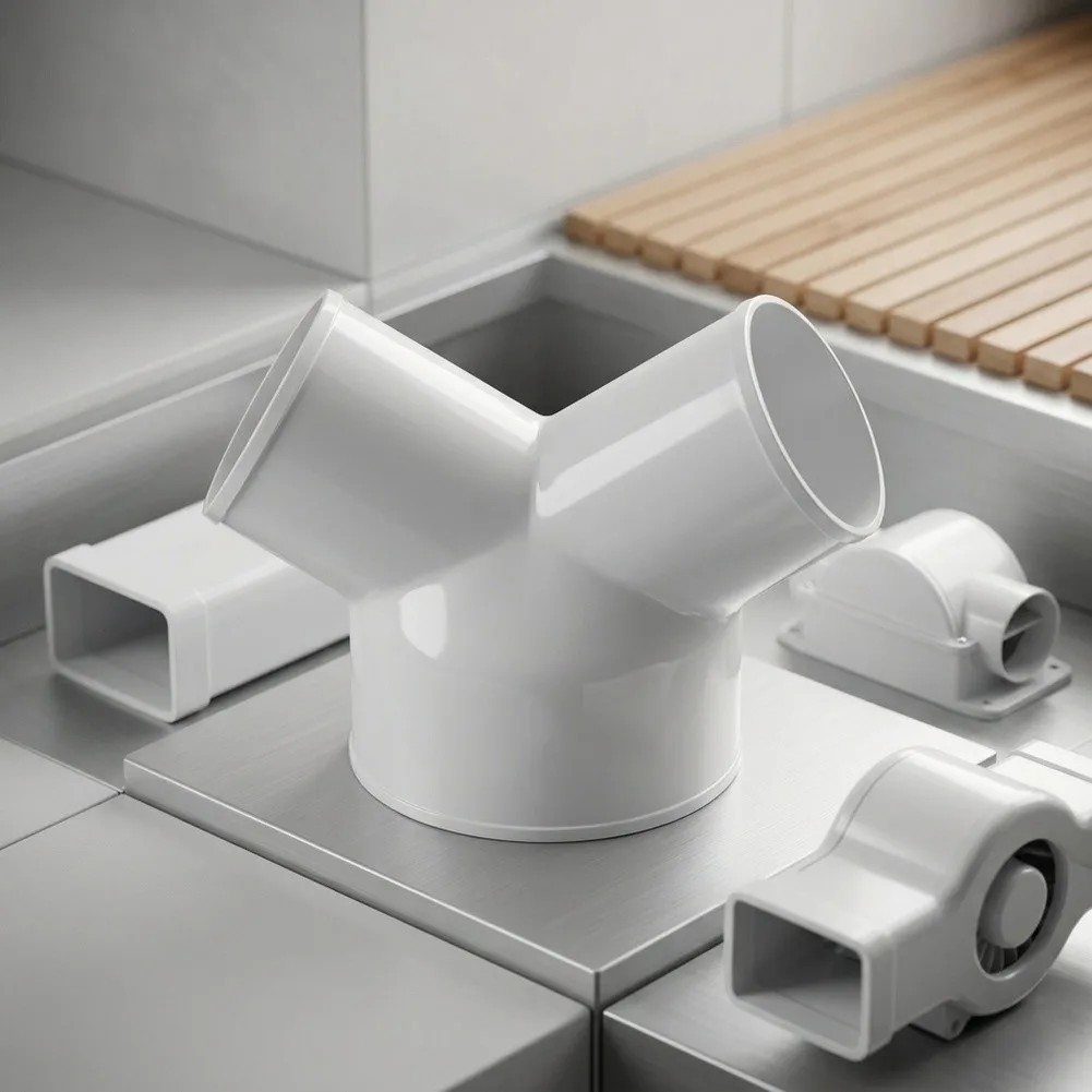 Three-Input/Output Duct Fitting for Fresh Air Integration and System Interconnection in Bathroom and Kitchen Zones