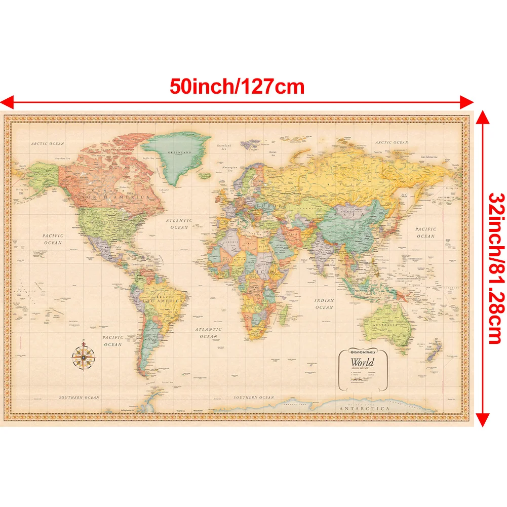 50x32 인치 영어로 세계 벽지도 빈티지 폴리 에스터 천으로 그림 벽 아트 포스터 벽 홈 인테리어 사무실 학교 용품
