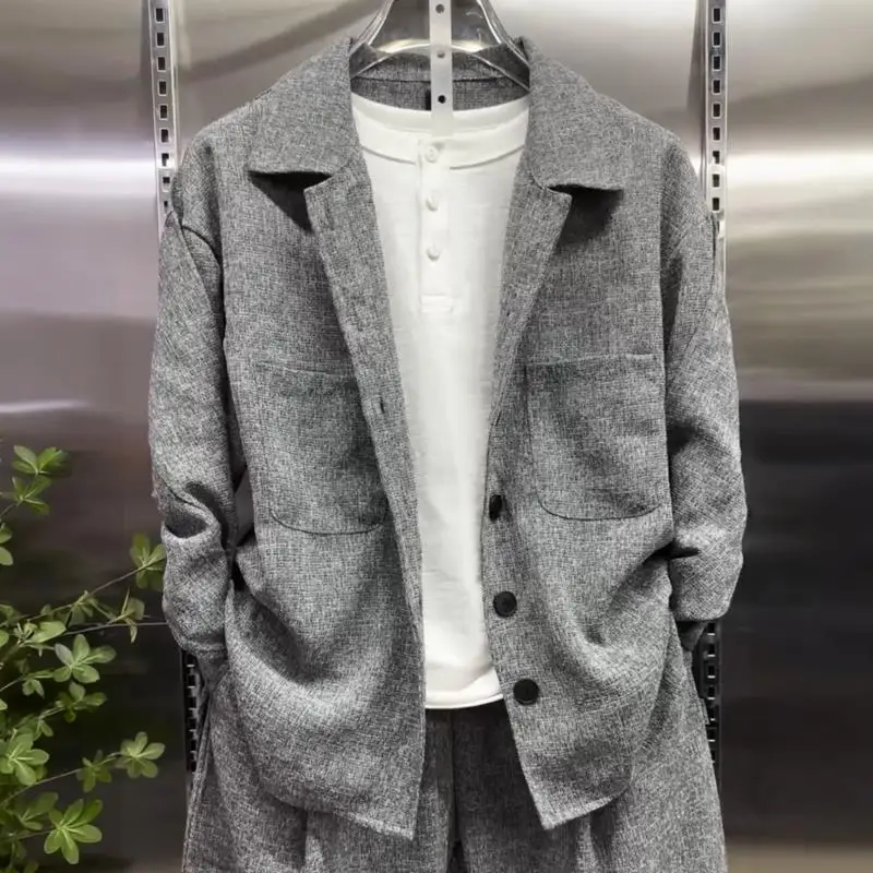 Immagine 5: Completo da Uomo con Camicia a Colletto e Pantaloni Larghi a Gamba Dritta, 2 Pezzi, Outfit Casual alla Moda per Uso Quotidiano