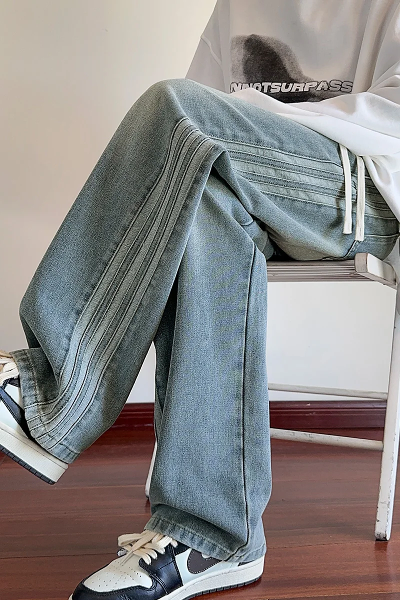 

Осенние американские ретро три полоски широкие джинсы мужские большие размеры длиной до пола брюки