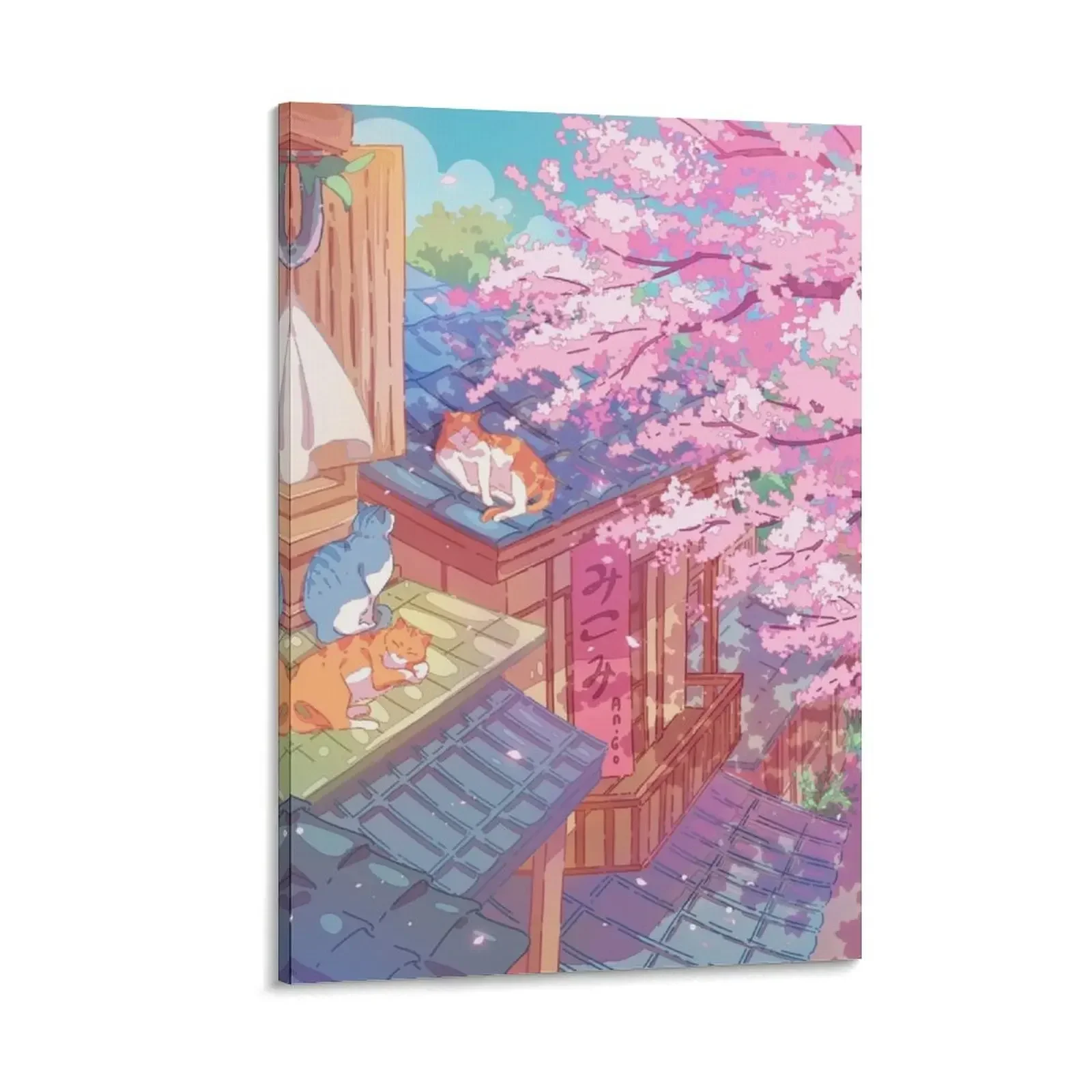 

The cute cats, rooftops, and pink cherry blossom Canvas Painting wall frame for living room house decoration