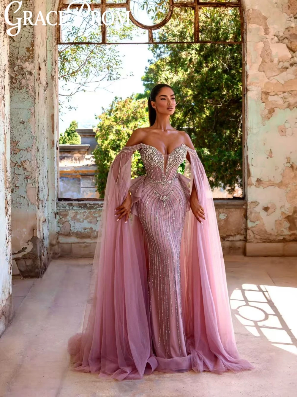 

Detachable Train Gorgeous Beaded Evening Dress Shiny Crystal Off Shoulder Wedding Party Gown Customized 2026 New Prom Dresses