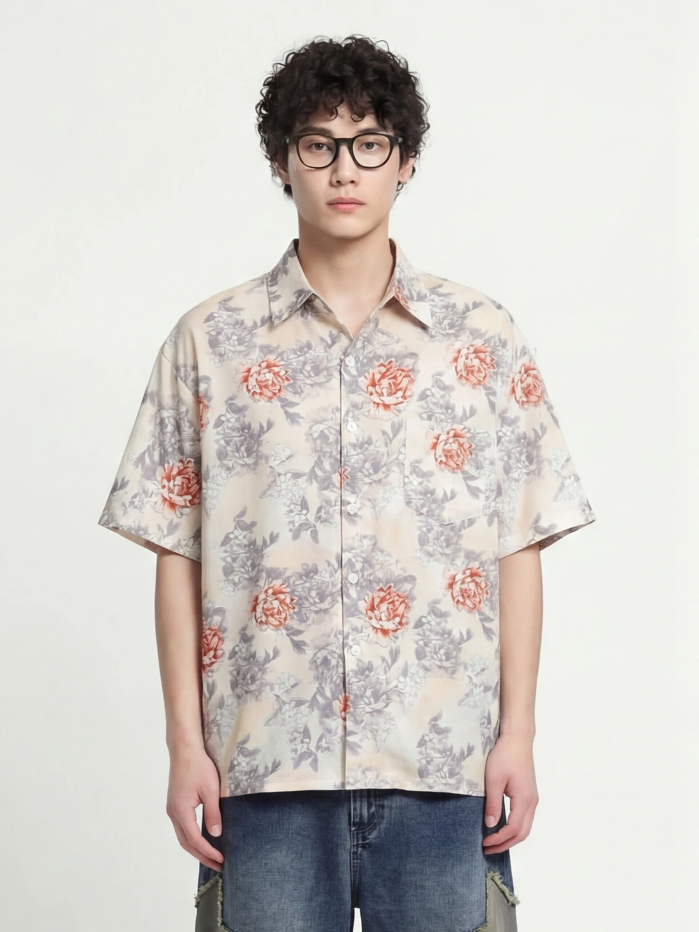 

Casual Loose Floral Print Short Sleeve Shirt Unisex Breathable Polyester Fiber Spring Autumn Wear for Youth Daily Life