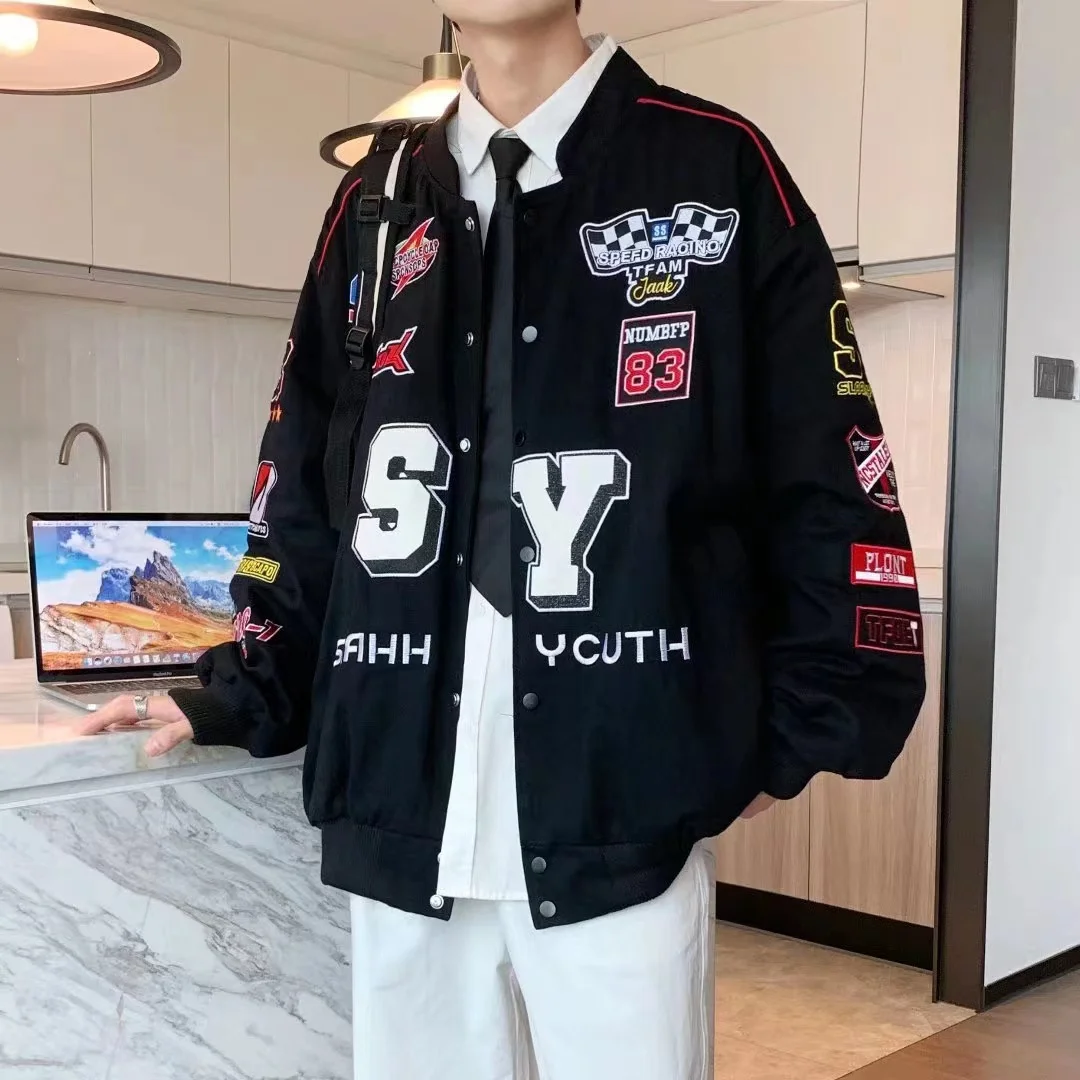 Retro Embroidered Jacket American Street Hip-hop Paste Cloth Motorcycle Jacket Female Loose Racing Suit Male Letter Motorcycle