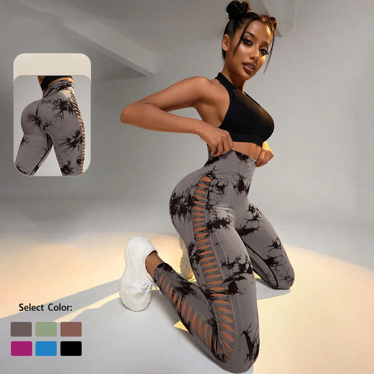 

Леггинсы с высокой талией для фитнеса, йоги, спортивные бесшовные брюки, сетчатый дизайн сбоку, уютные брюки с вырезами, эластичные колготки