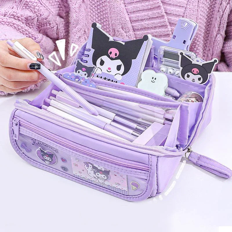 Sanrio Kuromi Cinnamoroll Pachacco Papelaria Set, Estojo de Lápis Grande Capacidade, Adesivos, Memo Pad, Canetas Gel, Material Escolar Estudante