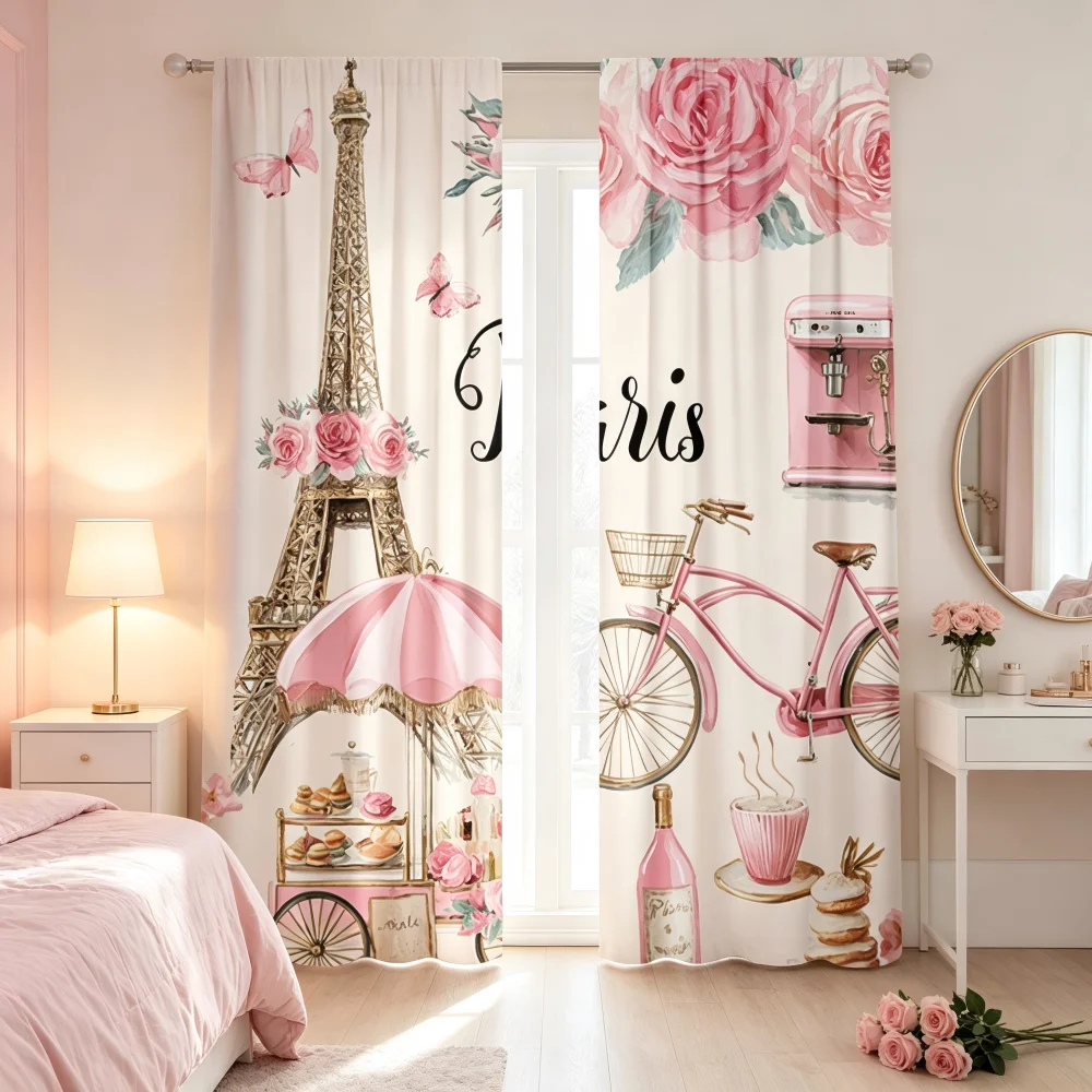 2PCS Digital Print Curtains Paris Eiffel Tower Pink Romantic Rod Pocket