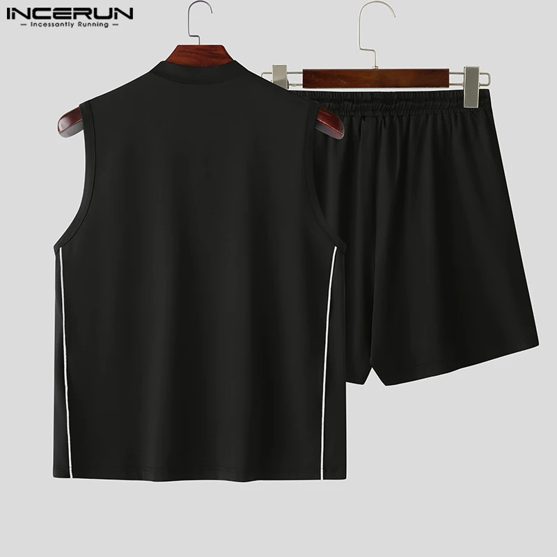 INCERUN 2025 Style coréen ensembles élégant hommes sans manches T-shirts Shorts décontracté Clubwear mâle Patchwork maille rayé deux pièces ensembles