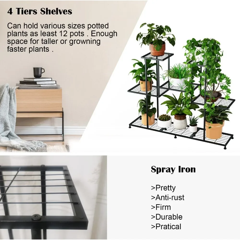 Soporte para plantas de metal de 4 niveles, estante decorativo para plantas de acero negro, soporte multifuncional para plantas