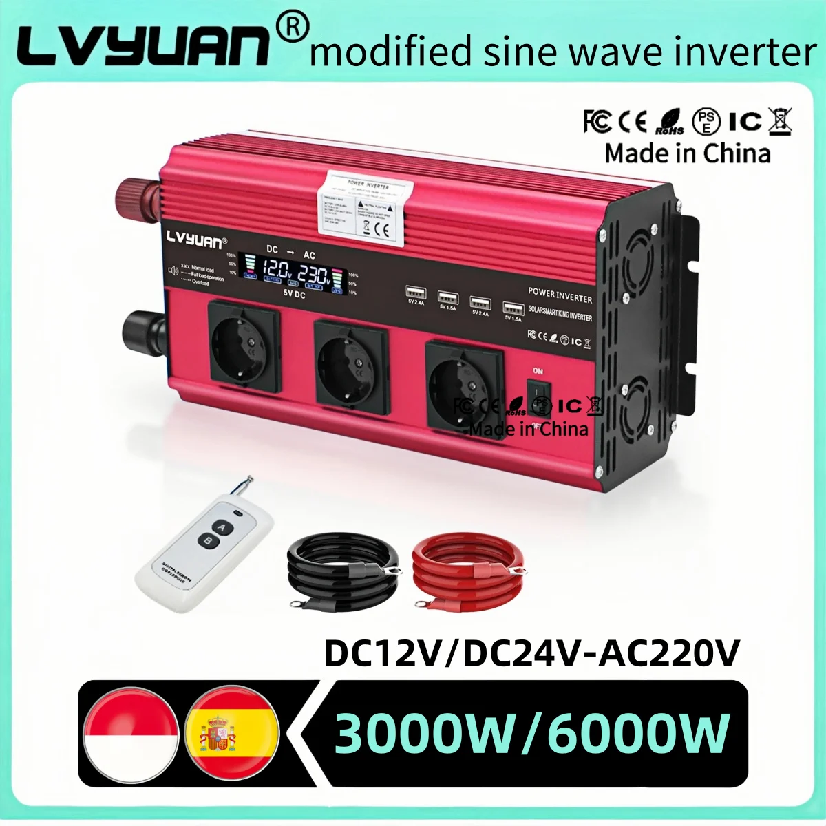 6000W Peak Power Inverter Modified Sine Wave DC12V AC220V 230V EU Socket Inversor For Solar Power System