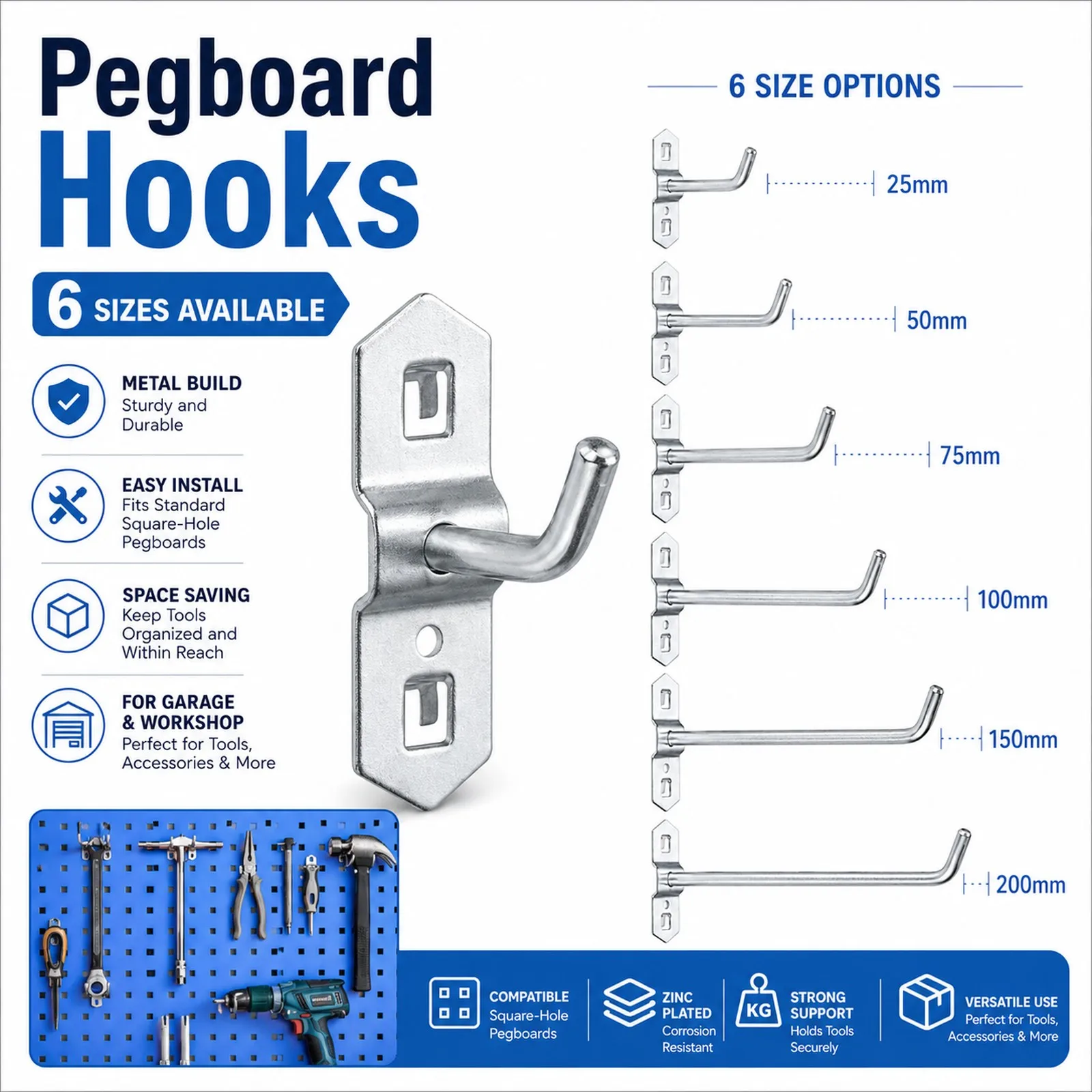 

24-10pcs Heavy Duty Pegboard Hooks Steel Wall Mounted Tool Hanger for Garage Kitchen Garden Space Saving Organizer Rack
