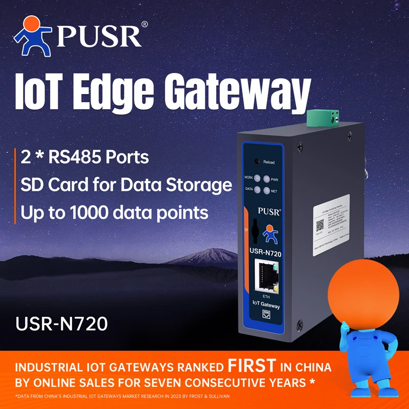 PUSR RS485 to Ethernet/4G Edge Computing IoT Gateway 2*RS485 SD Card Modbus to MQTT/Json DL645 to MQTT+Json Gateway USR-N720