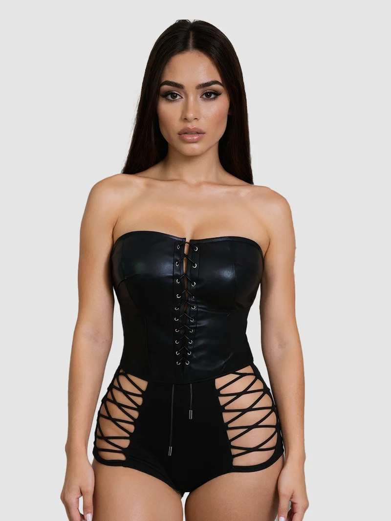 Colete sem alças com alça retrô de couro PU para agasalhos, top curto e justo, roupas femininas pretas modernas e sexy