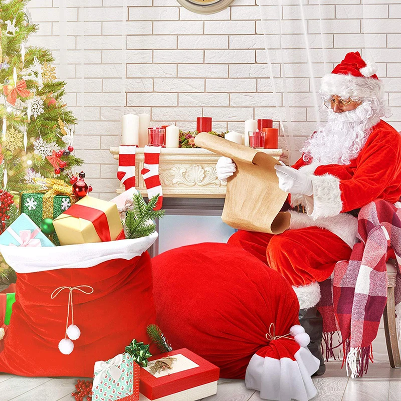 Coulisse con cordoncino per sacco di Babbo Natale in peluche con pompon per bambini Borsa regalo di Natale di lusso Buon Natale