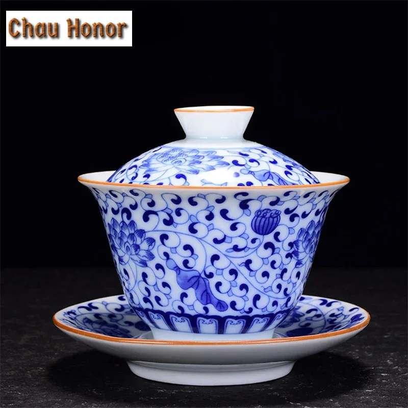 180ml Retro Blue And White Porcelain Sancai Gaiwan Teacup Ceramic Tea Bowl Chinese Porcelain Kung Fu Teaware Gifts Drinkware