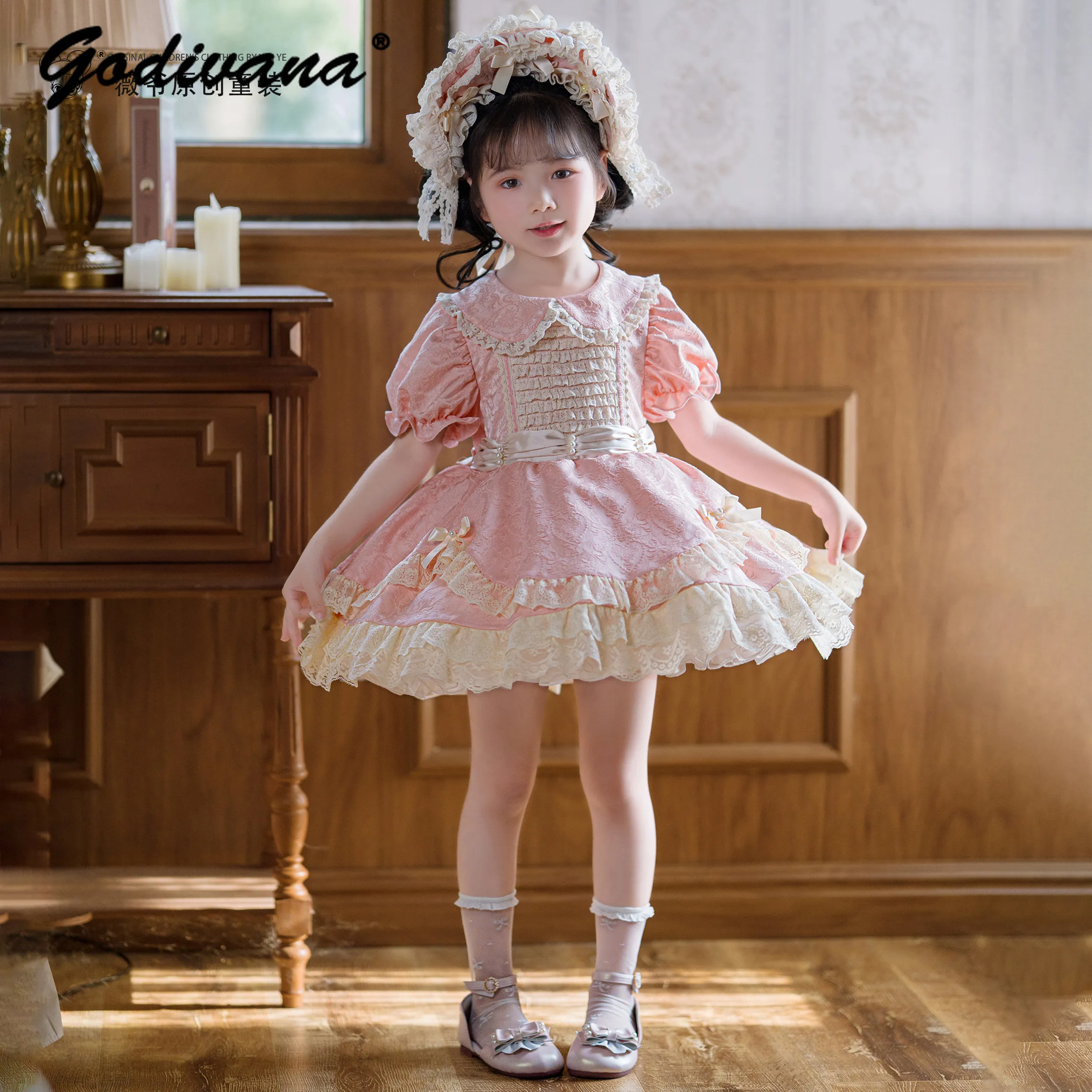 Original Baby Girls Sweet Elegant French Vintage Court Lolita Princess Dress Kids High End Pink Jacquard Ruffle Lace Ball Gown