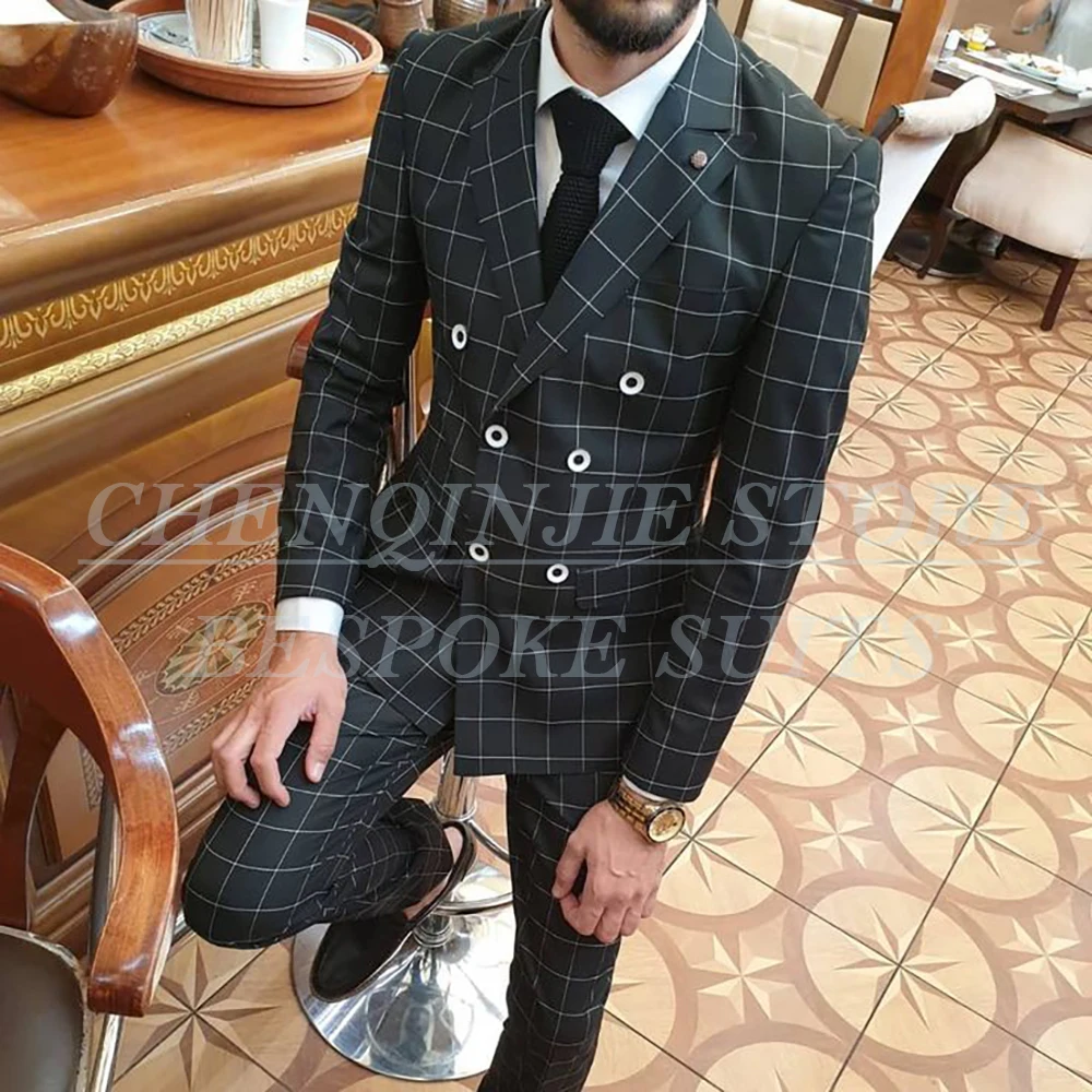 

SILIWEYA Fashion Black Men's Suits 2 Piece Jacket Pants Sets Elegant Double Breasted Peak Lapel Slim Fit Male Clothing Costume