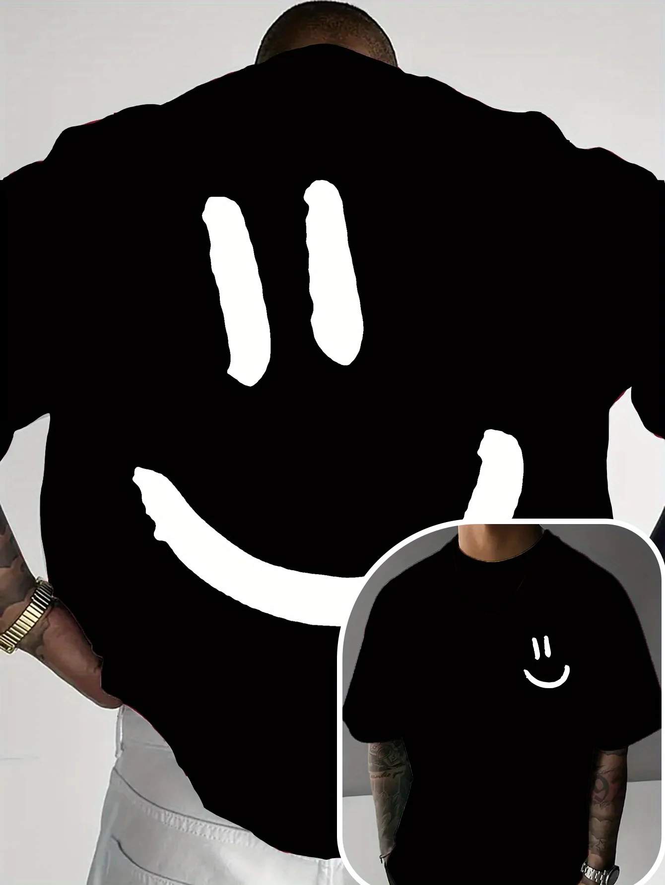 

Pop Men's 100% Cotton Fashionable Casual Sports Loose Smiling Face Pattern Printed Round Neck Short Sleeved T-shirt Top