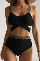 Bikinis de cintura alta cruzados 2026 para mujer, traje de baño negro liso, ropa de playa femenina, bañador de verano