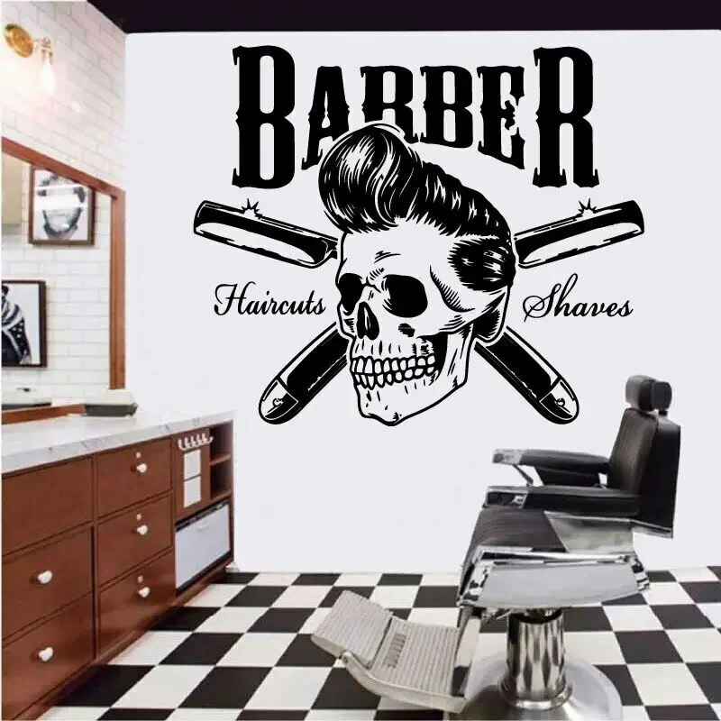 Text Style Can Be Customized for Hairdresser Barbershop Wall Sticker Razor Shaving Barbershop Window Door Decorative Vinyl Decal