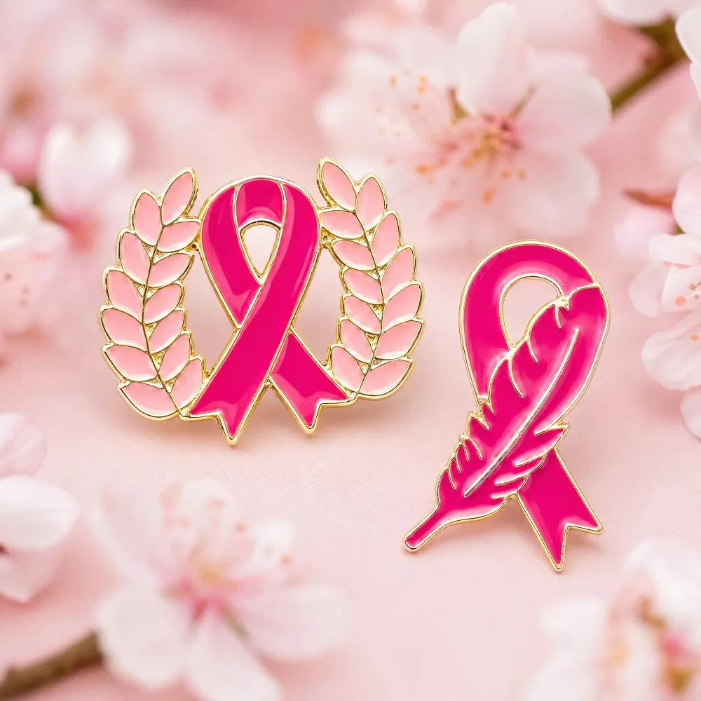 2-12 unidades de broche con lazo rosa para concienciar sobre el cáncer de mama, con diseño de corona de trigo y plumas, pin para el pecho, insignia de caridad, pin decorativo para ropa, bolsos y sombreros.