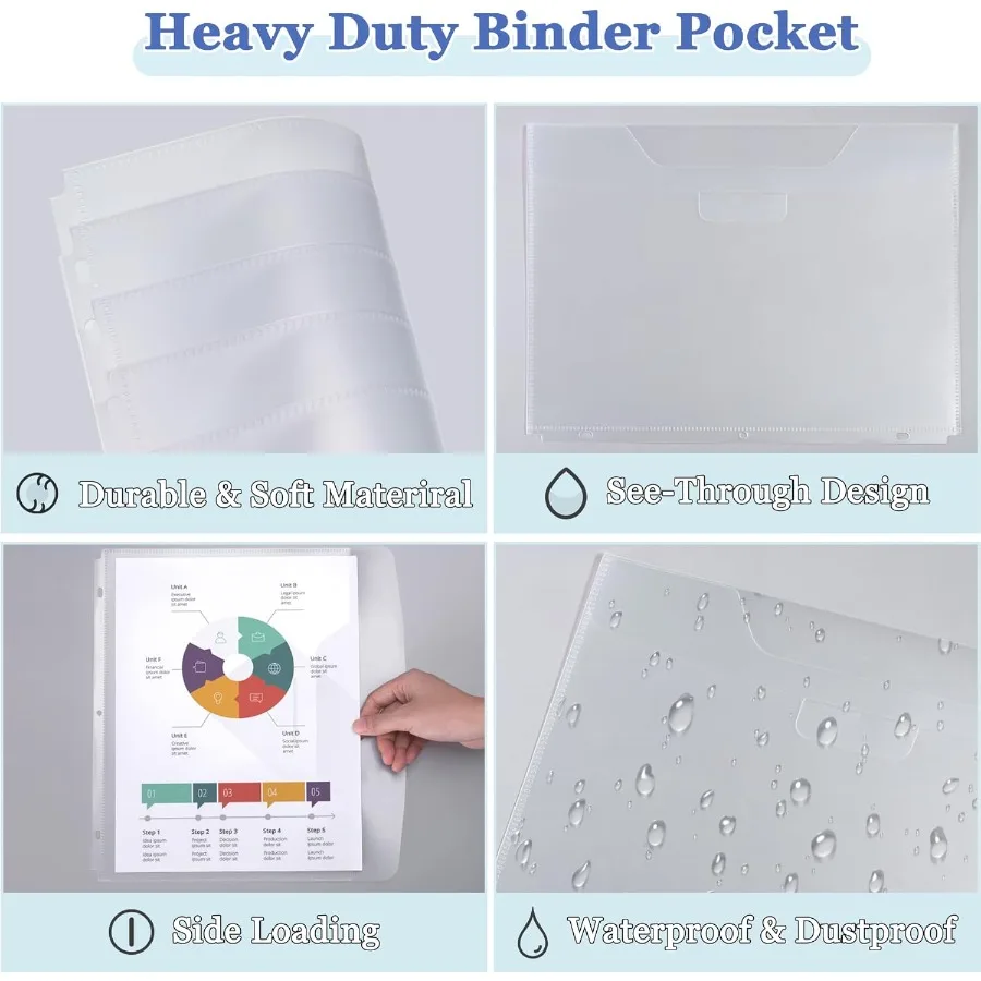 15 Pack Binder Pockets for 3 Ring Binder Organization Heavyweight Plastic Folder with SpaceSaving Closure Side Loading Letter S