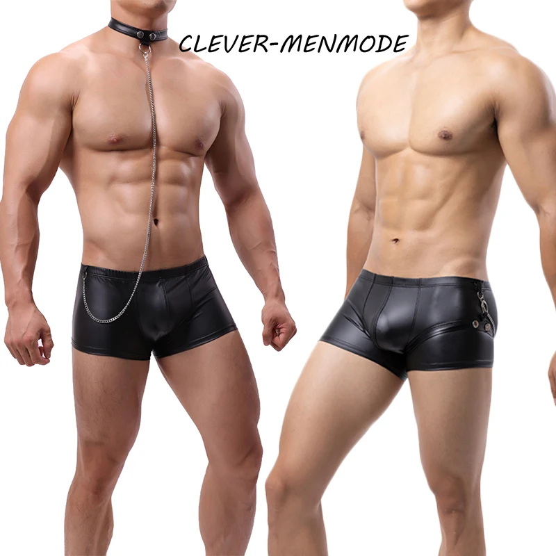 

Men's Sexy Faux Leather U Convex Tights Lingerie Patent Leather Collar Chain Boxers Faux Leather Fetish Sissy Gay Panties