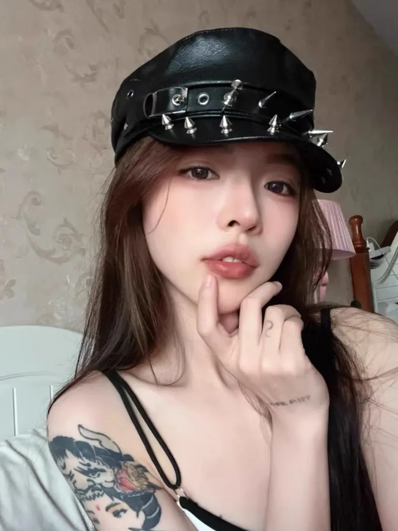 Gothic Punk Spiked Leather Captain Hat Black Faux Leather Octagonal Cap with Studs and Buckle for Rock Concert Cosplay