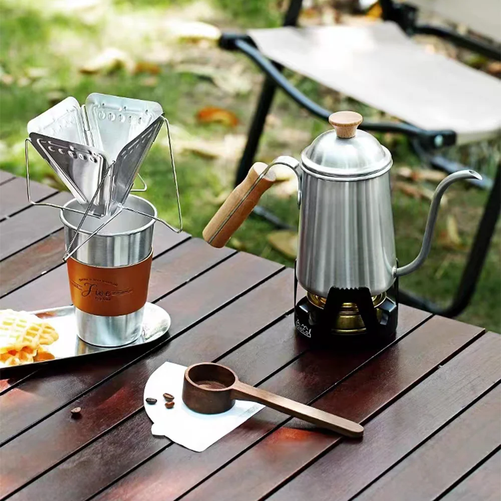 Outdoor hand brewed coffee pot set made of stainless steel material camping, tea making leisure hand ground coffee equipment