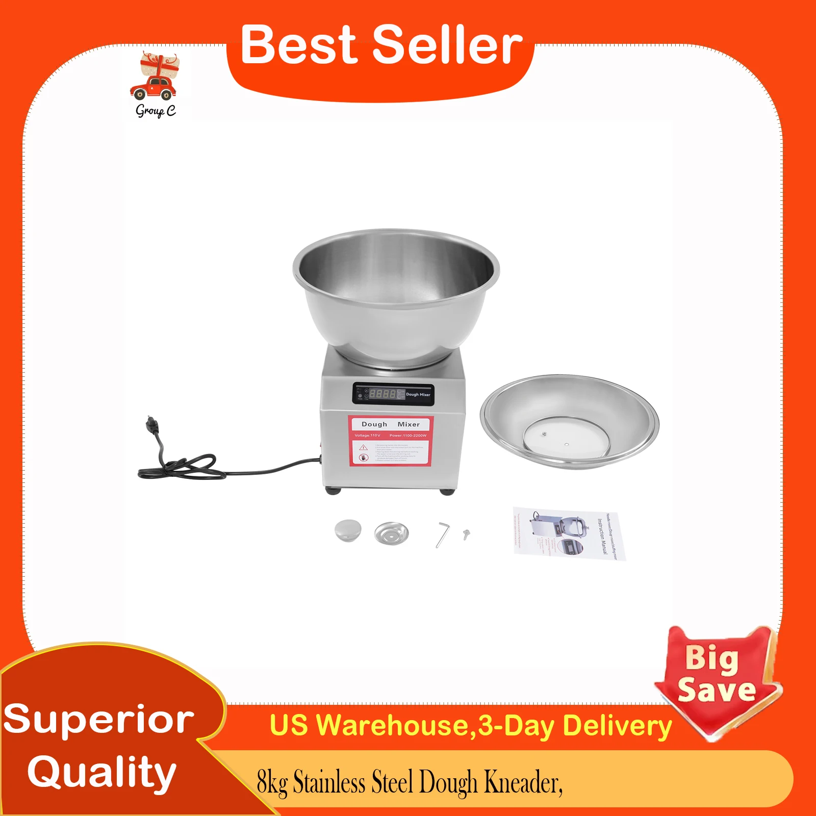 

Commercial Dough Mixer, Stand Mixer, 8kg Stainless Steel Dough Kneader, 110V for Home, Bakery, Restaurant, Pizza, Bread