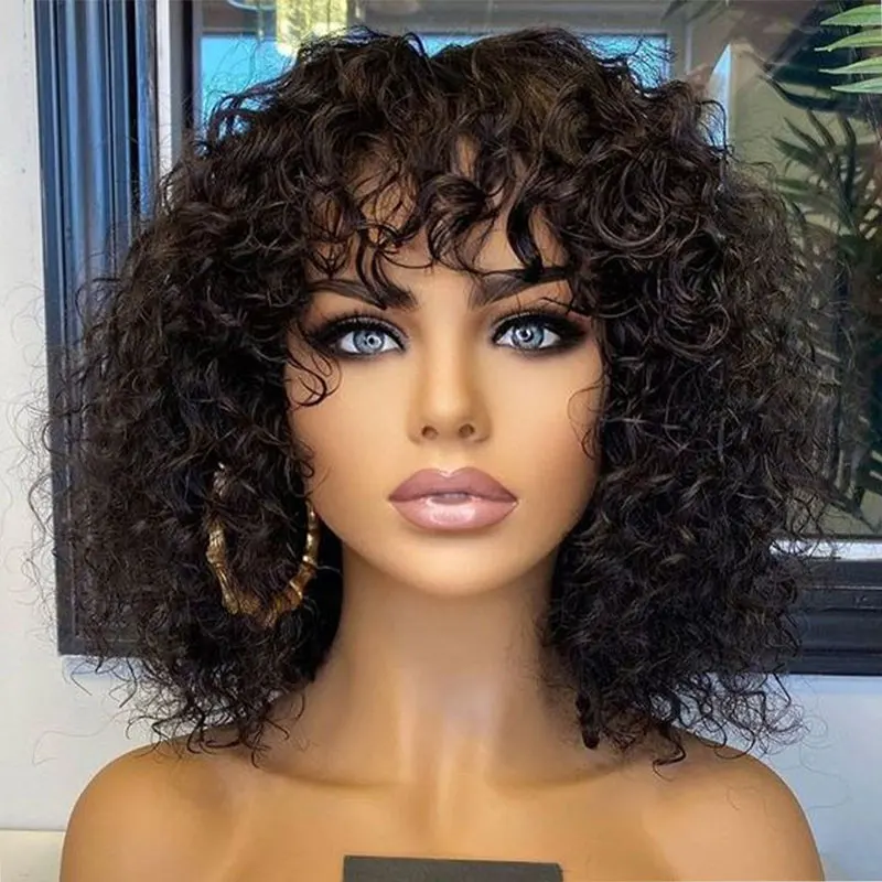 Water Wave Human Hair Wigs with Bang Machine Made Bob Wig Brazilian Curly Fringe Wigs for Women Perruque Cheveux Humain