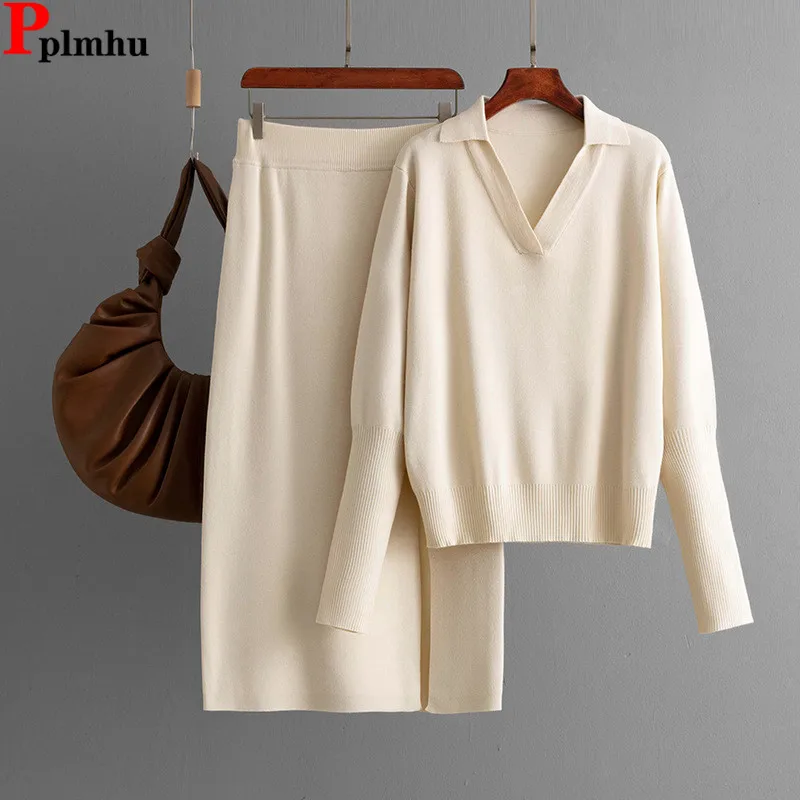 

Solid Loose Knitted 2 Piece Sets Women Lapel Neck Knitwears Sweater Pullover Tops Conjuntos Korean High Waist Skirts Outfit New