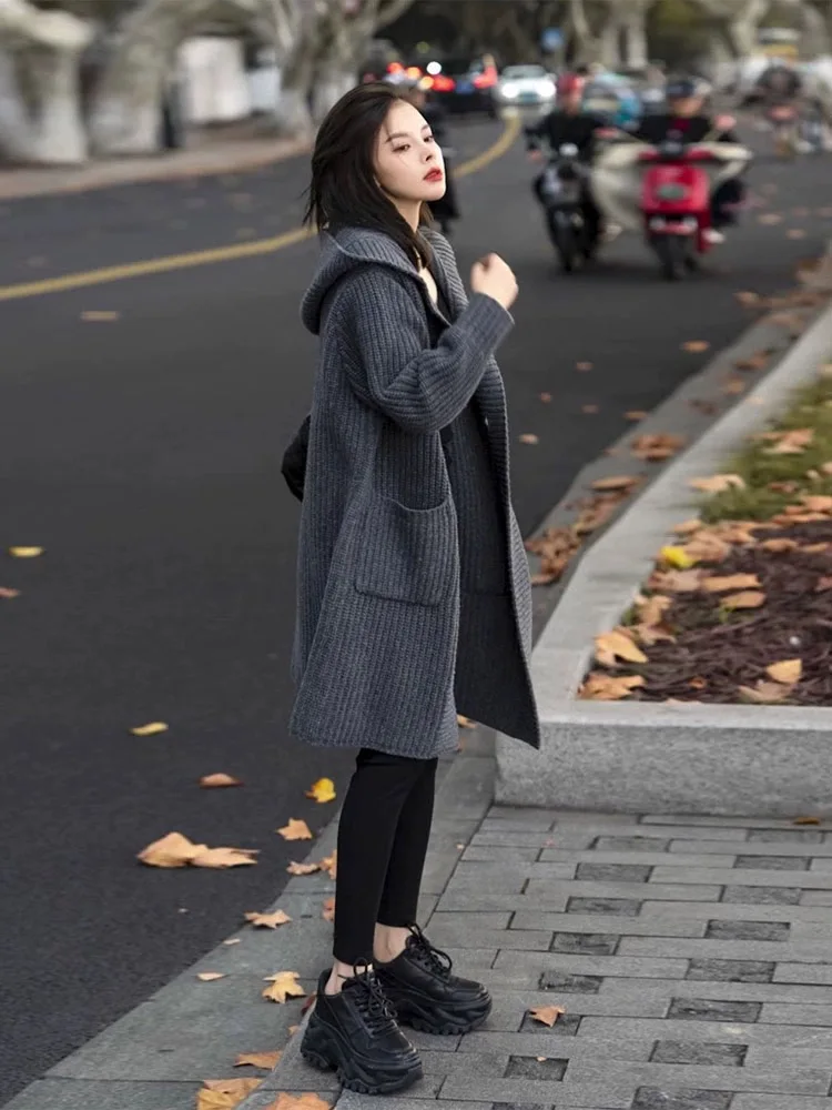 23 autumn and winter knitted 100% wool long sweater warm thick high-end solid color trend coat women's sweater hooded cardigan