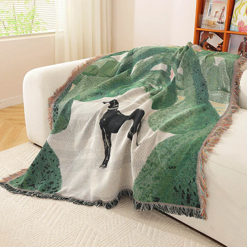Bohemian Vintage Green Forest Greyhound Tapestry Blanket Woven Throw Tassels Abstract Landscape Sofa Cover Bedspread Home Decor