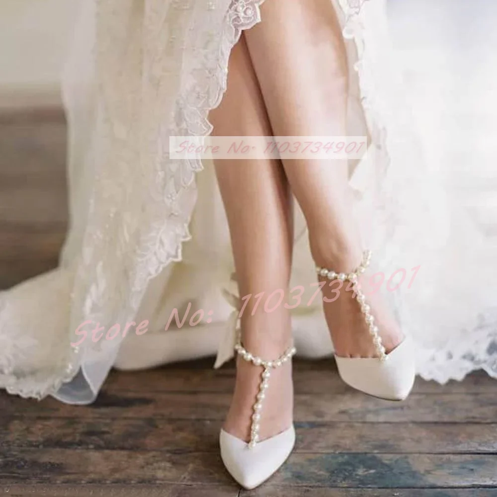 Sandálias de casamento de cristal com renda pérola para mulheres, sapatos elegantes de salto alto de cetim branco, moda casual feminina, tamanho grande