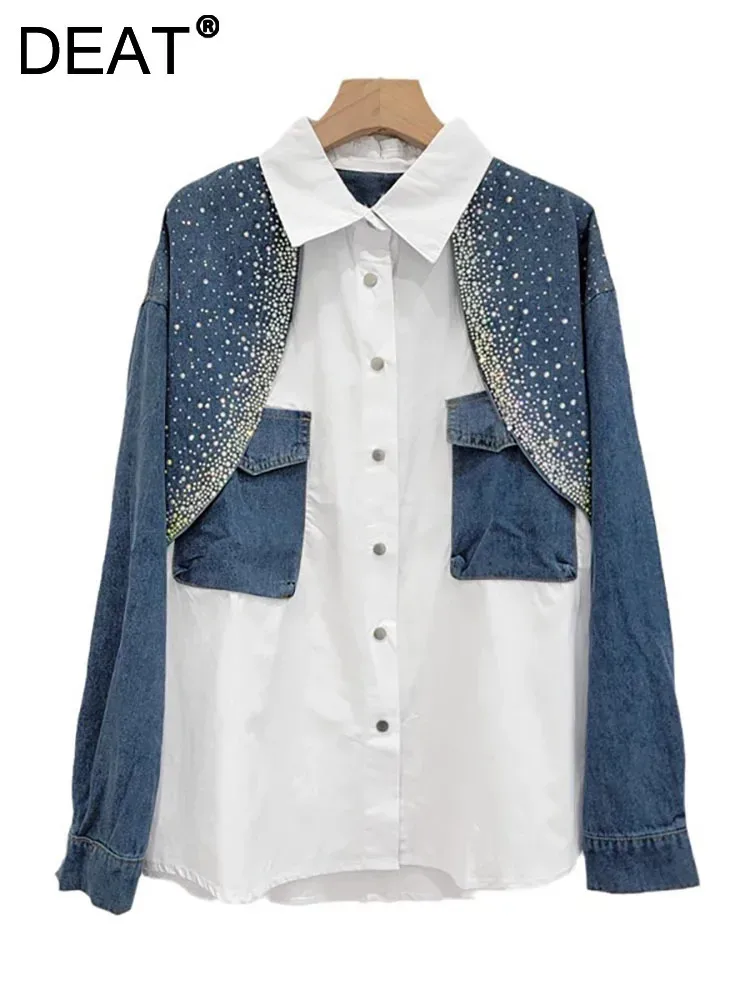 Deat Vrouwen Denim Shirt Losse Patchwork Nep 2 Stuks Design Diamanten Single Breasted Elegante Blouse 2024 Herfst Nieuwe Mode 29l7645