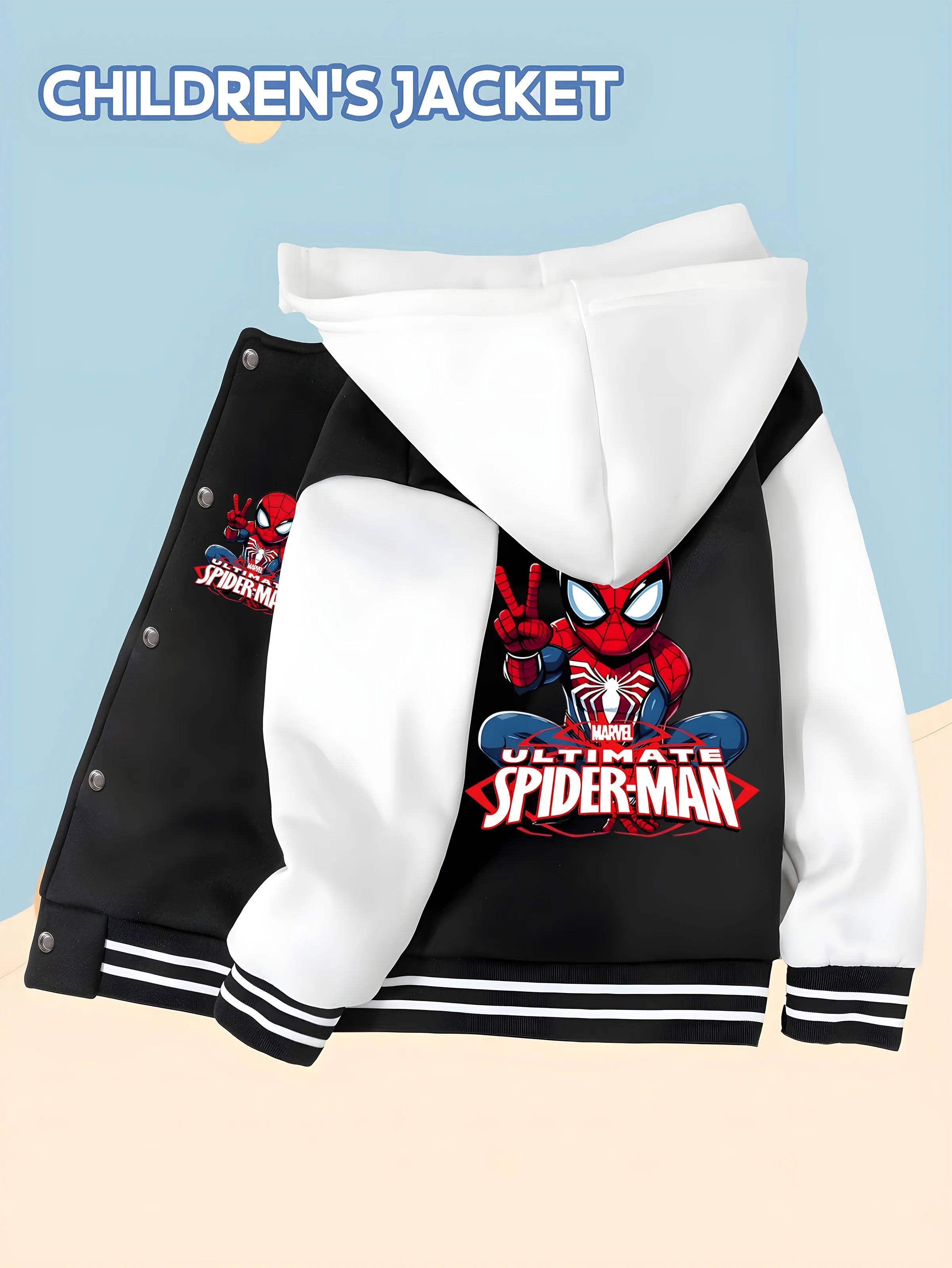 

MINISO Marvel Boys Baseball Jacket - Avengers Heroes, classic black and white, soft fabric, warm and comfortable, skin-friendly,