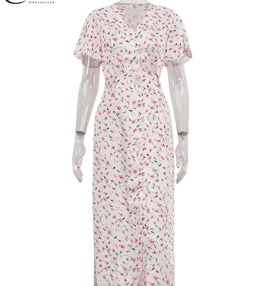 Robe élégante imprimée abricot pour femmes, mode col en v, manches courtes, à lacets, simple boutonnage, mi-mollet, nouvelle collection automne