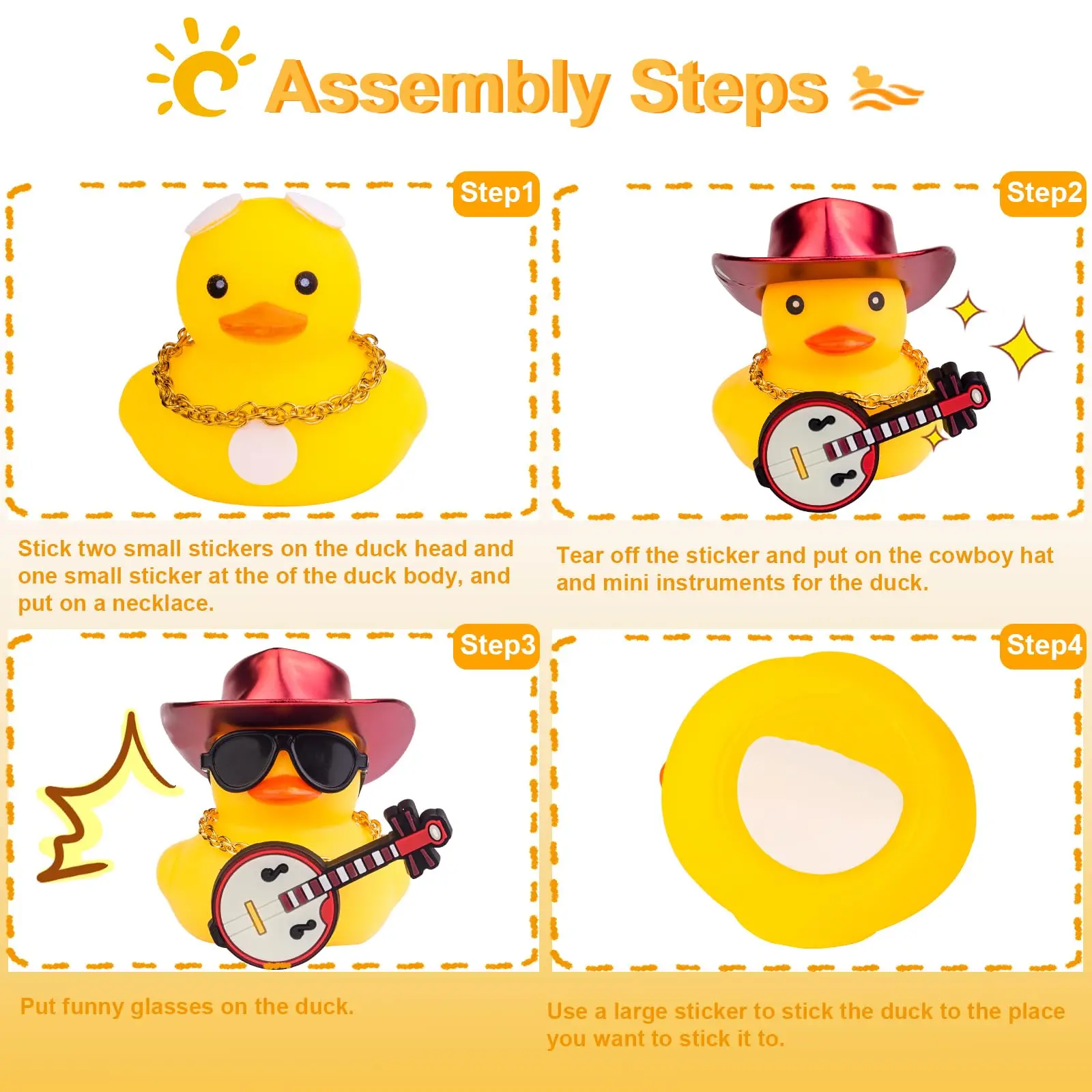 Car Yellow Rubber Duck, Duck Dashboard Decoration with Cowboy Hat Necklace Sunglasses Mini Musical Instrument for Car Dashboard