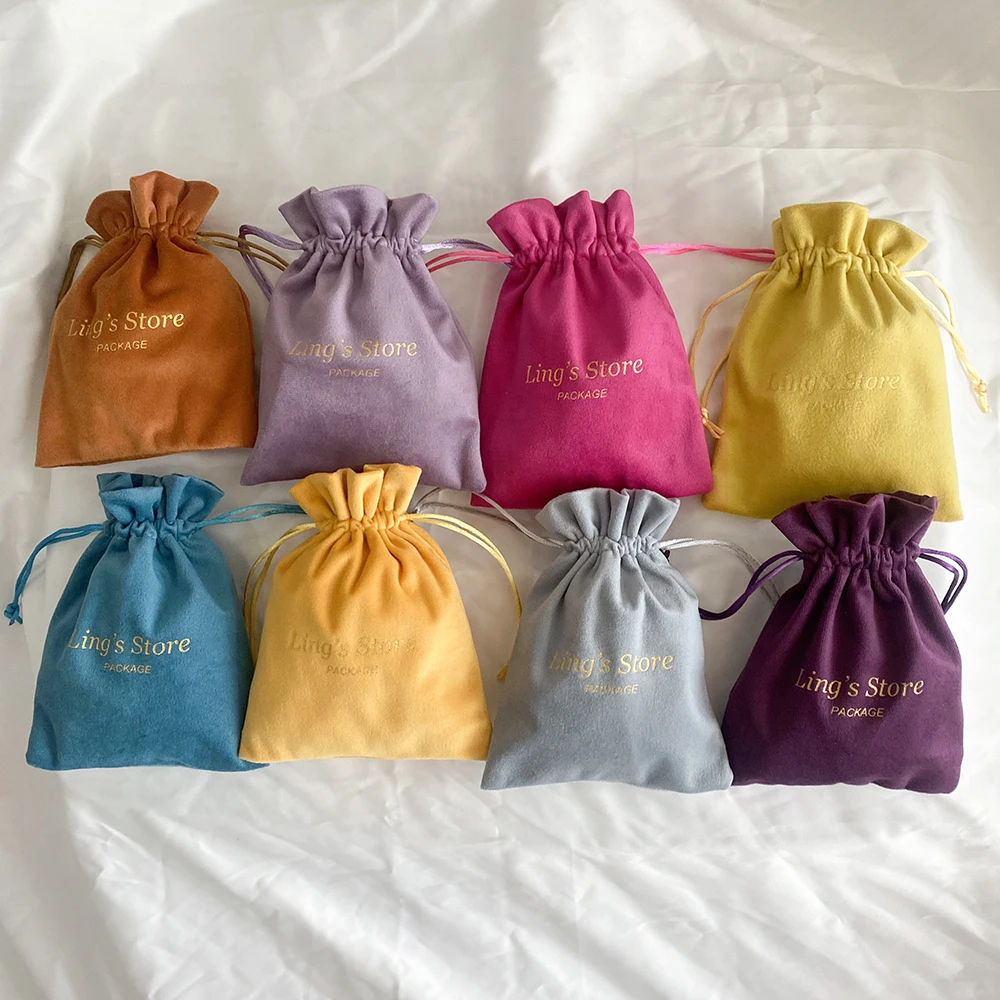 

100Pcs Personalized Logo Jewelry Velvet Organizer Gift Bag Touching Plush Drawstring Packaging Storage Candy Pouch Wedding Favor