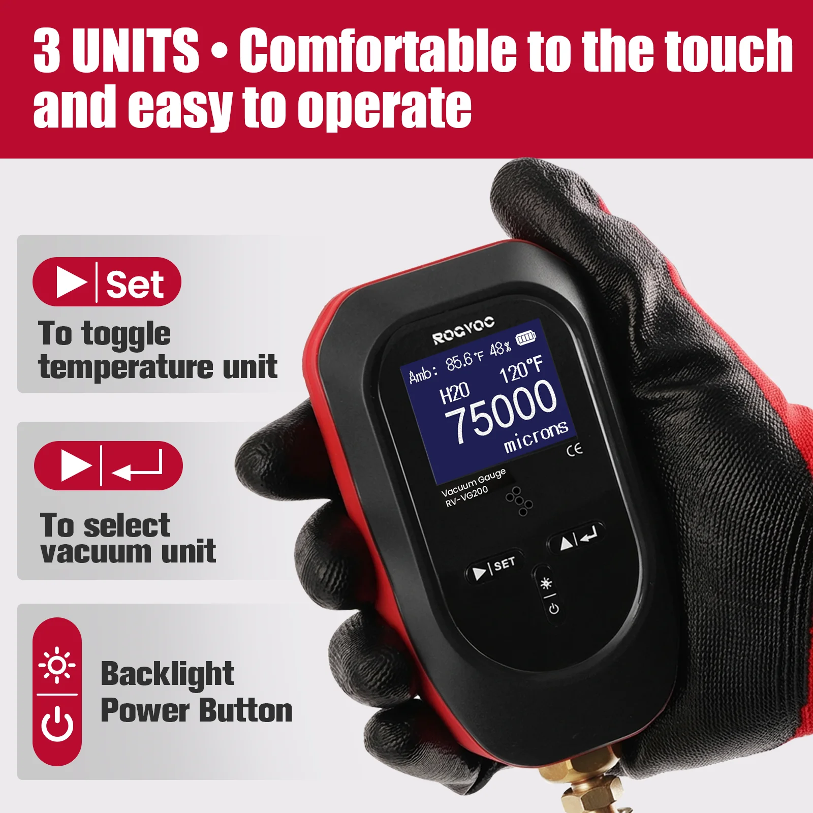 RV-VG200 Digital Vacuum Gauge HVAC Micron Vacuum Gauge Tester  Digital Vacuum Micron Gauge Set with Buzzer Alarm