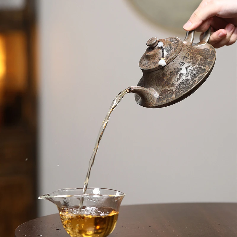 

300ml Yixing Purple Clay Teapots Hand-carved Landscape Tea Pot Famous Handmade Zisha Kettle Tea Set Chinese Teaware Gifts